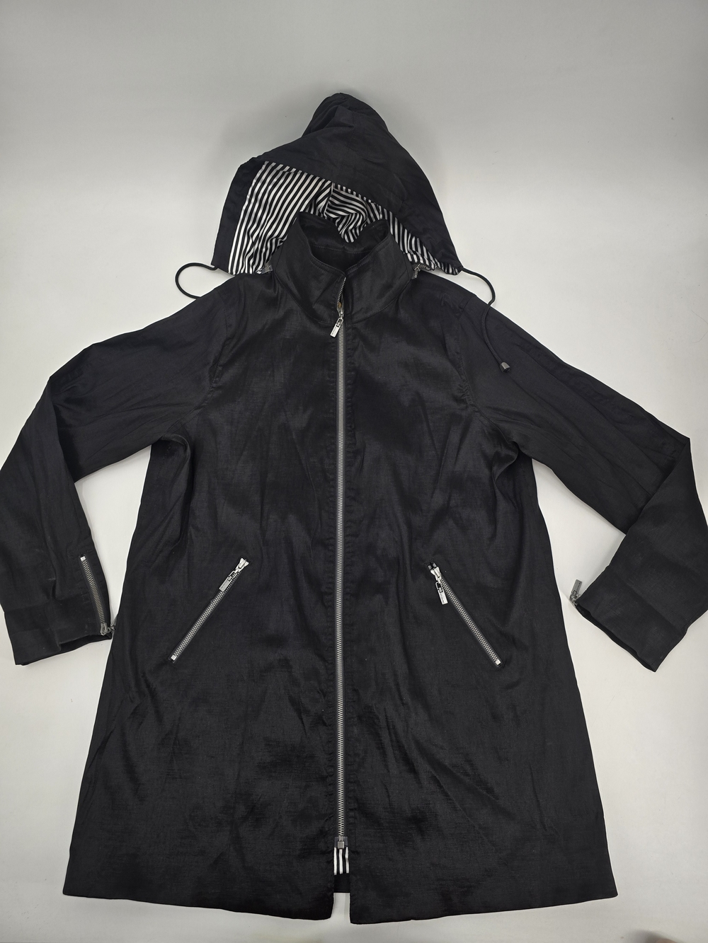 Mycra Pac ONE Black Reversible Trench Raincoat Striped Embroidered Lining Sz S/M